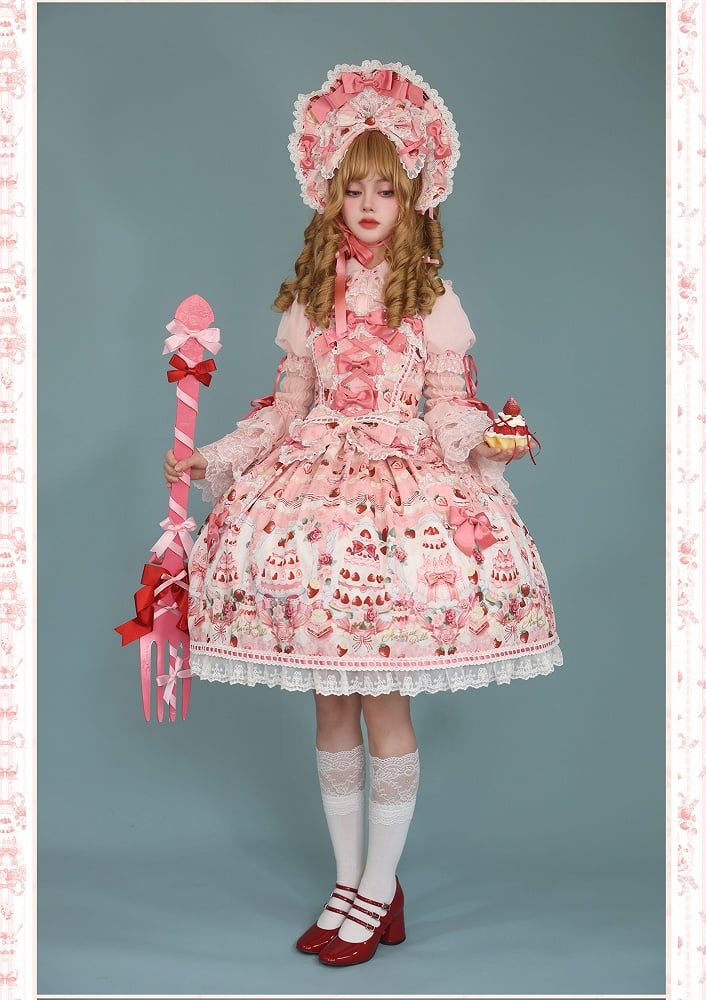 Accents Bow JSK Strawberry Print Full Sweet Set / Pink Desserts Lolita and