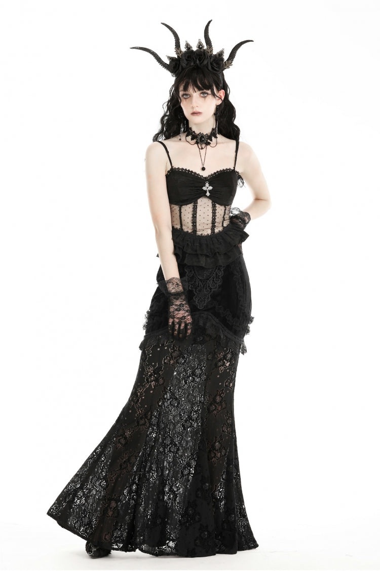 Obsidian Double-Layered Lace Ruffle Top with Spaghetti Straps - Gothic Sheer