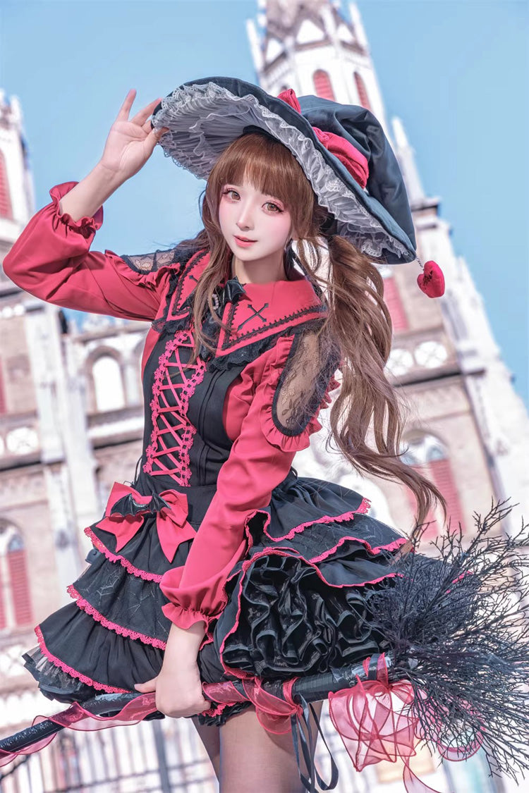 Black Red Showa Cake Sleeveless Triple-Layered Ruffled Bow Lace-Up Witch Gothic Jsk Dress