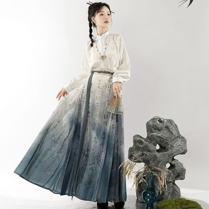 Vintage Long Sleeve Jacquard Shirt Character Print Pleated Skirt