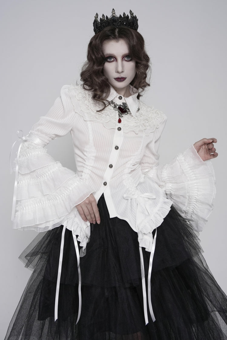 Ivory Slim Fit Women's Gothic Blouse with Trumpet Sleeves and Lace-Up