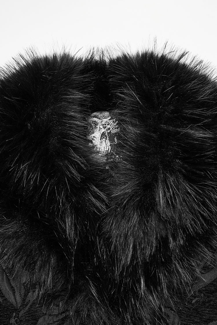 Men's Gothic Long Coat with Faux Fur Collar, Jacquard & Zipper in Black