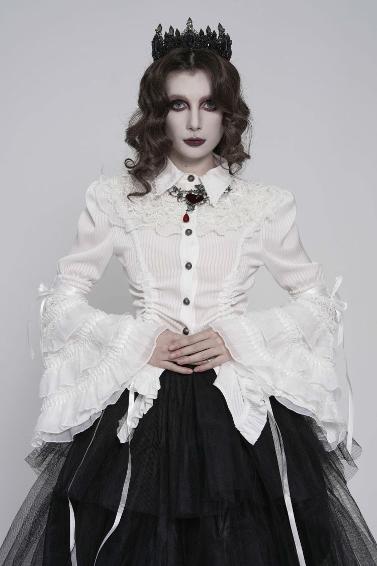 Ivory Slim Fit Women's Gothic Blouse with Trumpet Sleeves and Lace-Up