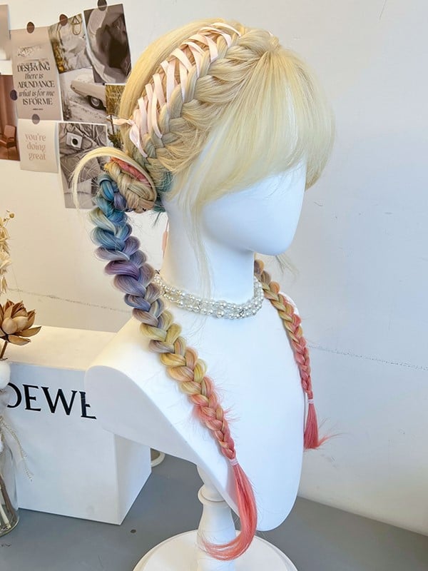 Double Rainbow Yellow Braided Bangs + Ponytails With Wig Synthetic Curtain