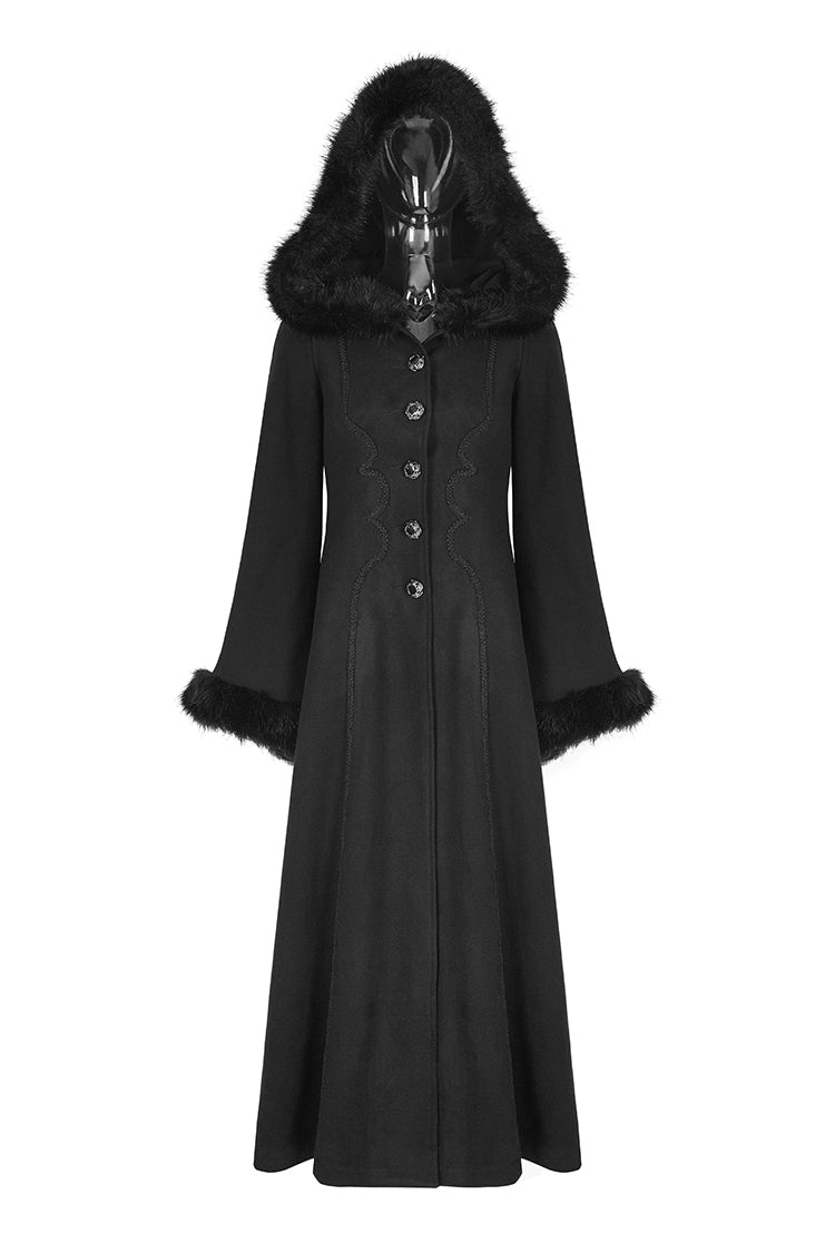 Gothic Hooded Single-Breasted Maxi Long Coat with Print for Women
