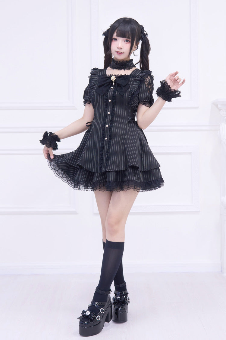 Noir Short Sleeve Striped Ruffle Bow Gothic Jirai Kei Set - Waltz
