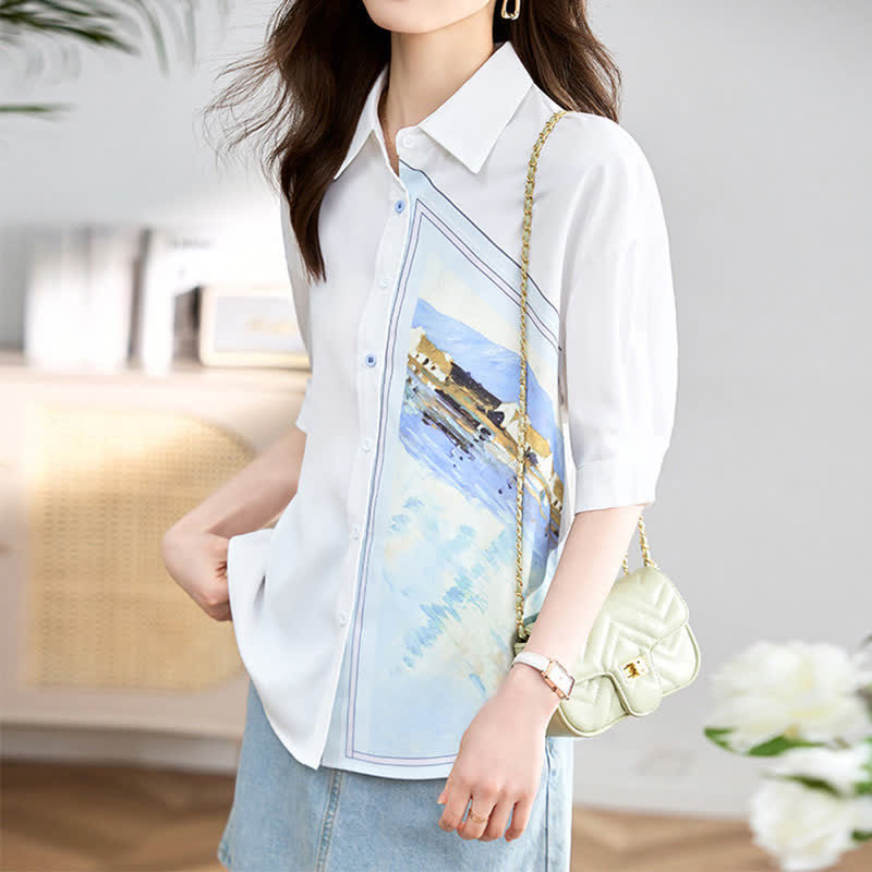 White Irregular Painting Print Chiffon Lapel Shirt