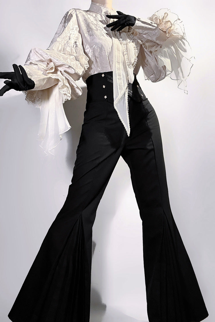 Noir Stand Collar Long Puff Sleeve Ruffled Embroidered Bow Prince Set - The Rose and the Sword