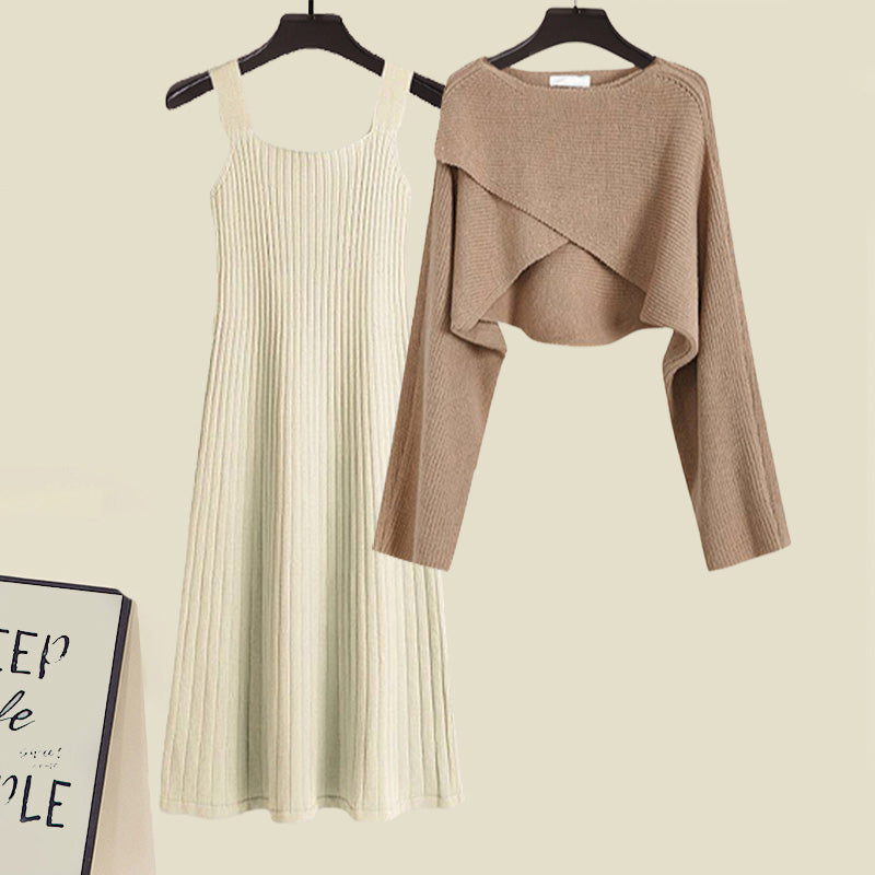 Irregular Short Sweater Slip Dress Set