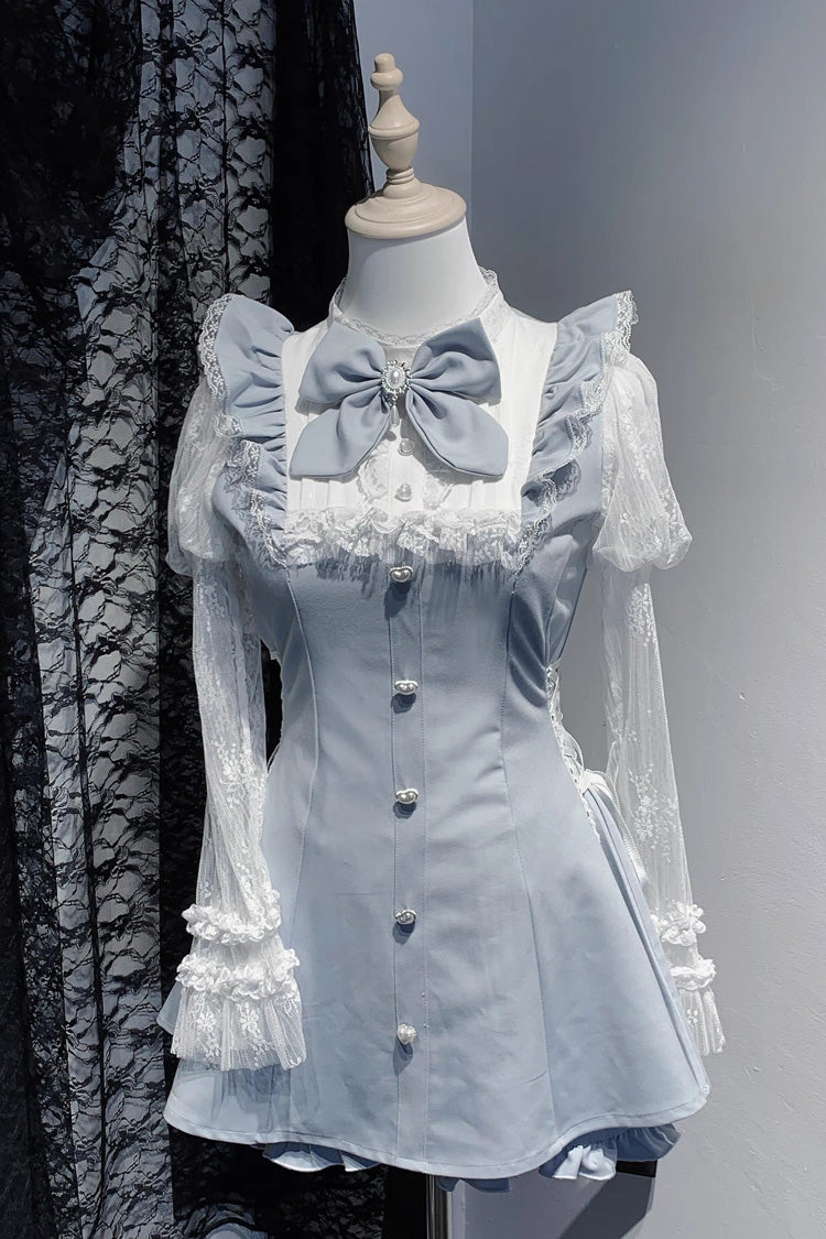 Feather Ode Stand Collar Long Sleeve Ruffled Bow Lace Japanese Streetwear Dress with Shorts