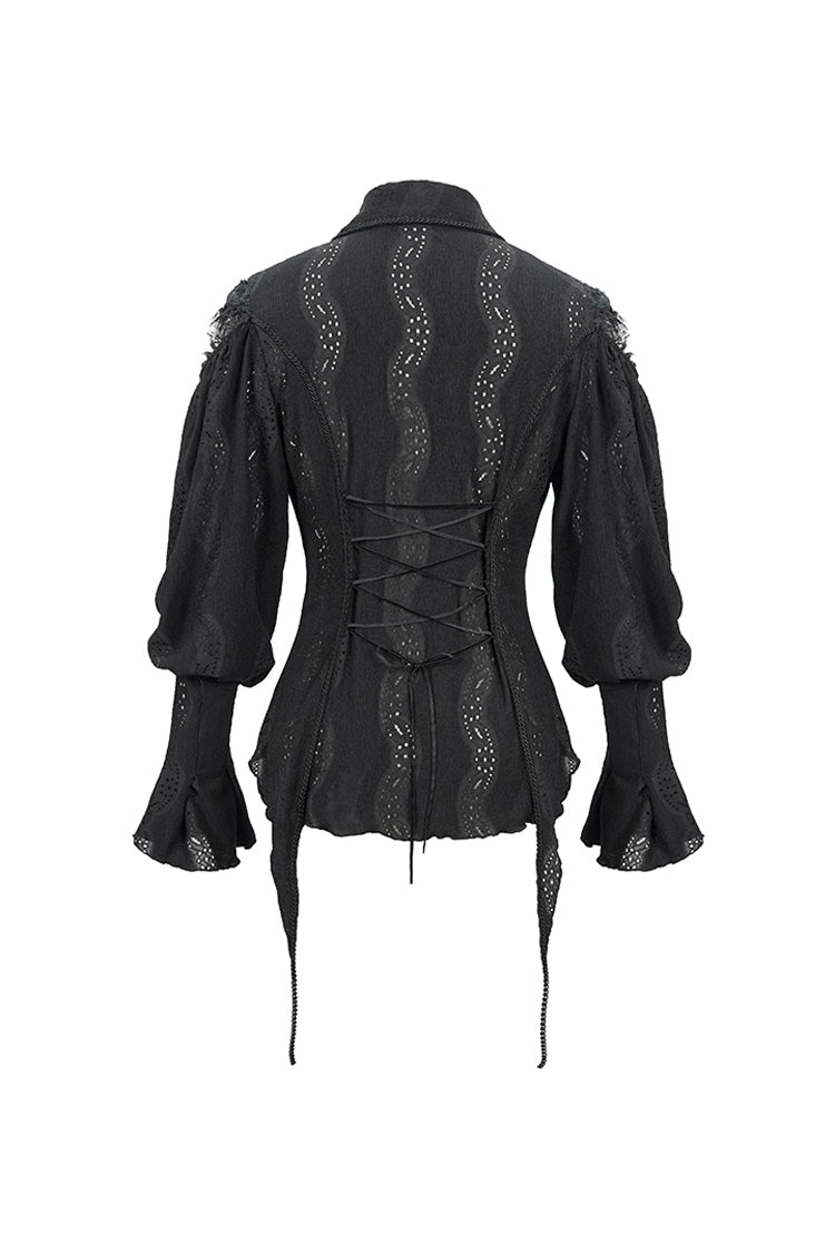 Women's Gothic Blouse in Black with Webbing Appliques, Lantern Sleeves & Back Lace-Up