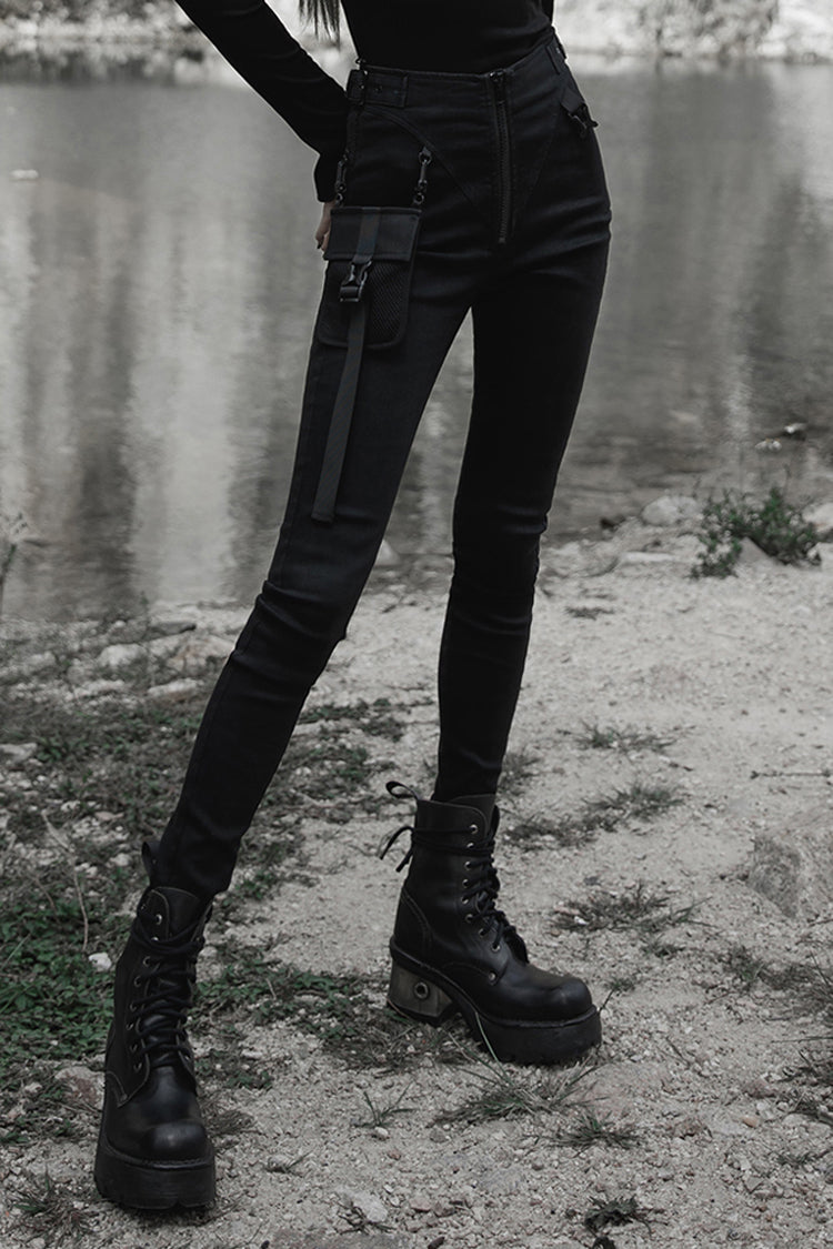 Punk Functional Tooling Pocket Belt V-Split Zipper Women's Trousers