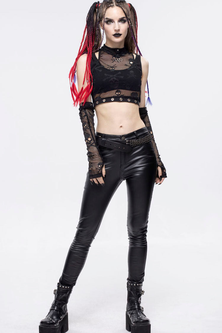 Gothic Cotton Knit Two-Piece Look High Collar Skull Mesh Mini Vest