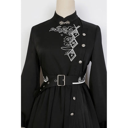 Elegant Black Vintage Embroidery Belted Pleated Dress