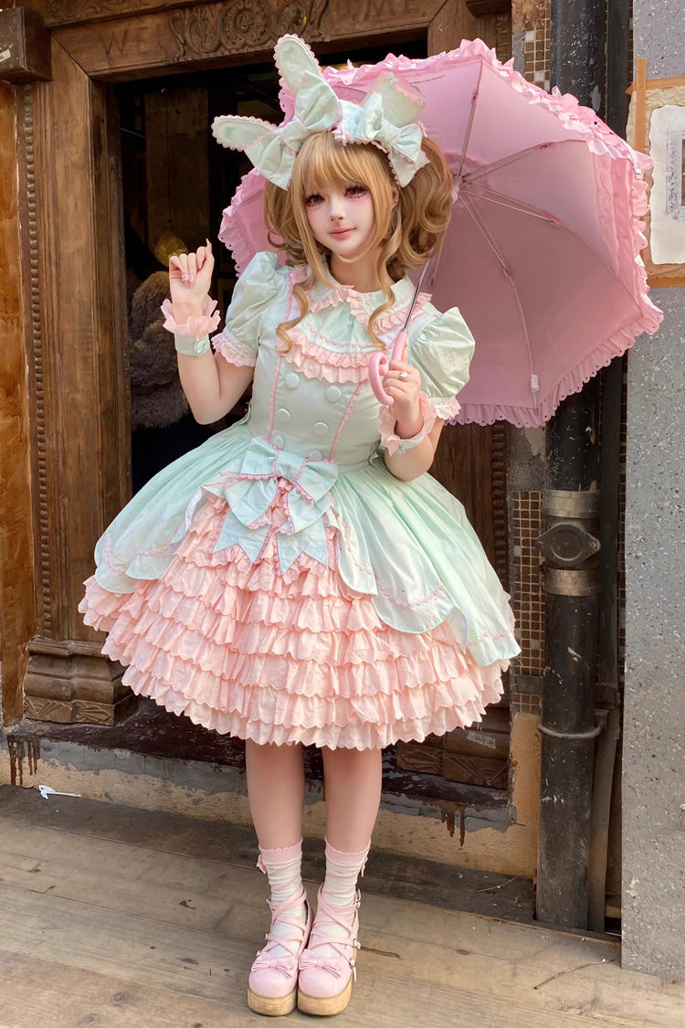 Pink Green Honeydew Melon Short Sleeve Layered Ruffle Bow Sweet Dress