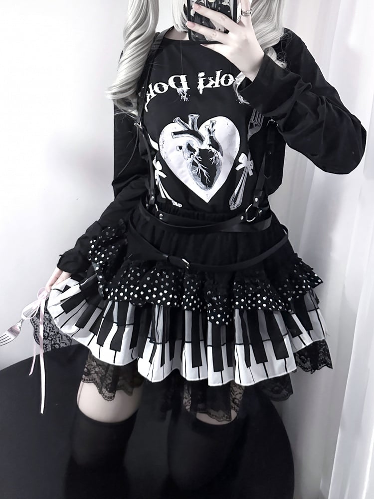 Yami Kawaii Black Heart Print Graphic T-shirt