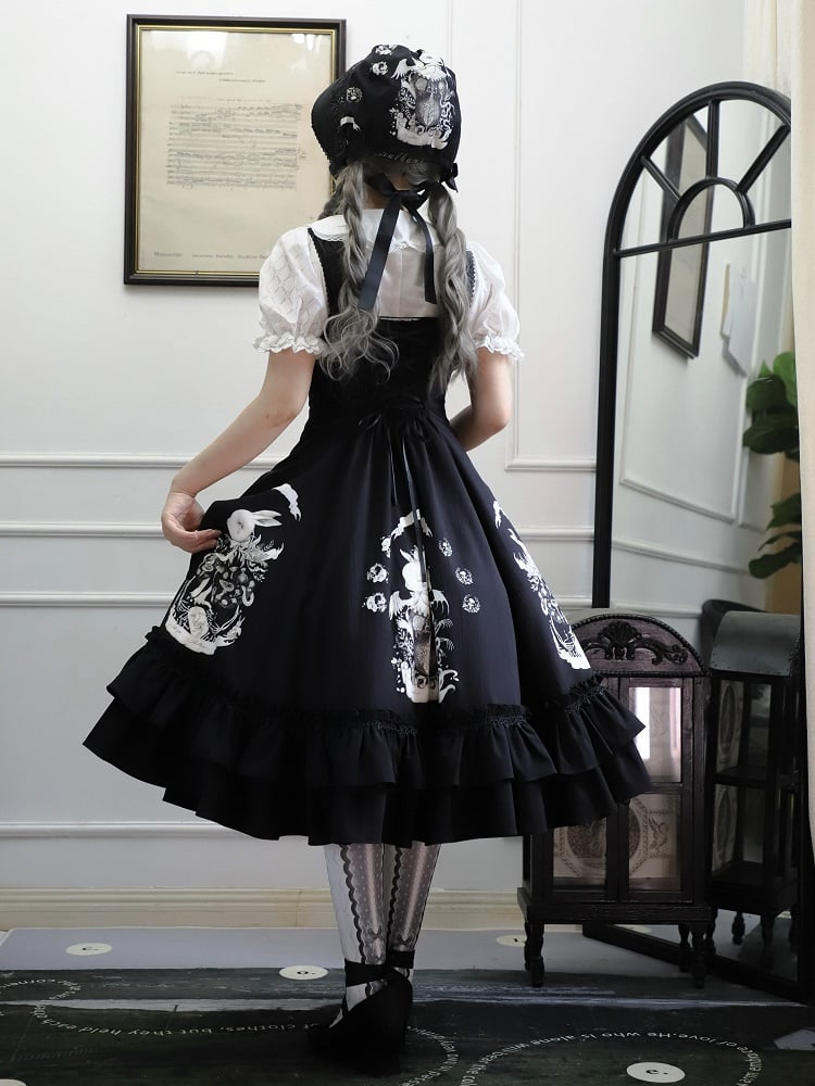 Dark Black Dress Print Waist Gothic Slim Fit Bunny Lolita