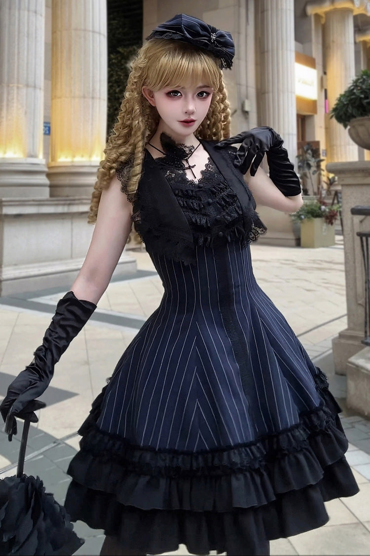 Escape Double-Layered Jacquard Striped Ruffled Slim Gothic Lolita Jumper Dress in Three Shades