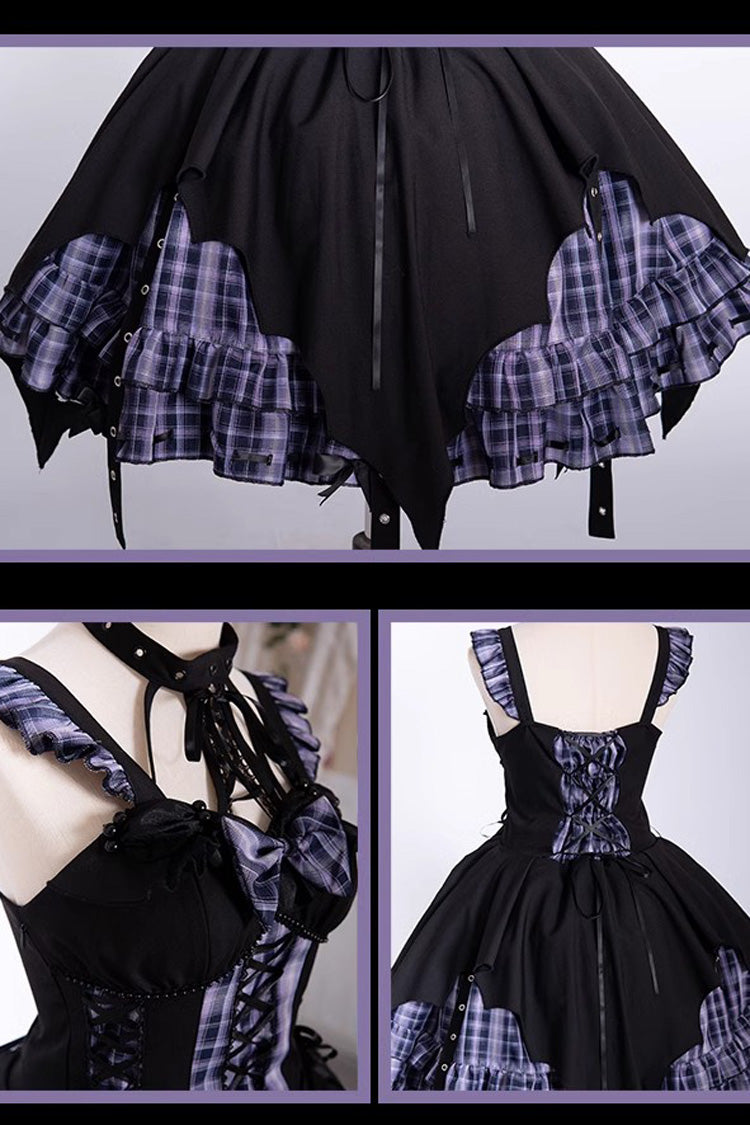 Rock Radio Wave Gothic Lolita Asymmetric Grid Print Bowknot Dress 3 Colors