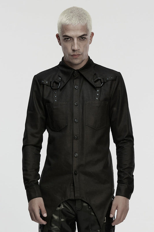 Men's Punk Blouse with Bat Collar, Long Sleeves and Irregular Hem