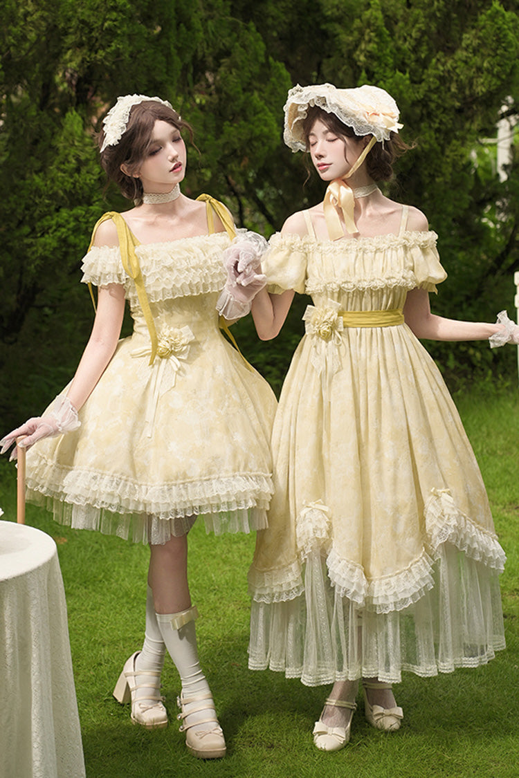 Golden Square Collar Flutter Sleeve Printed Ruffle Lace Sweet Elegant Short Dress - Falling Flowers as a Message