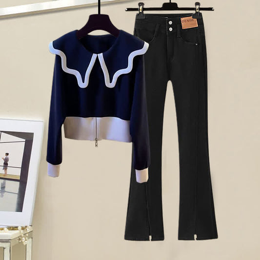 Sailor Collar Sweater High Waist Denim Pants