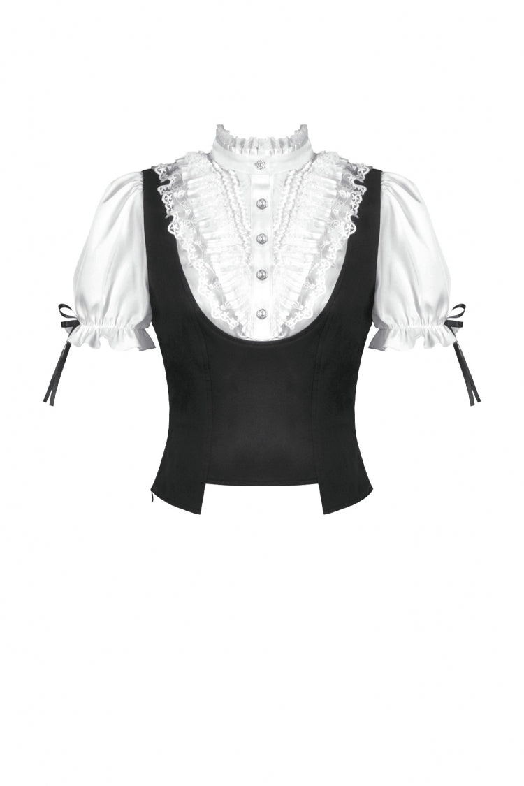 Monochrome Gothic Royal Blouse with Lace Ruffles and Stand Collar