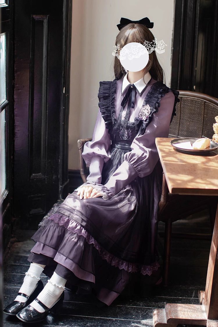 Noir Double Layer Ruffle Embroidered Bow Mesh Sweet JSK - Witch Academy