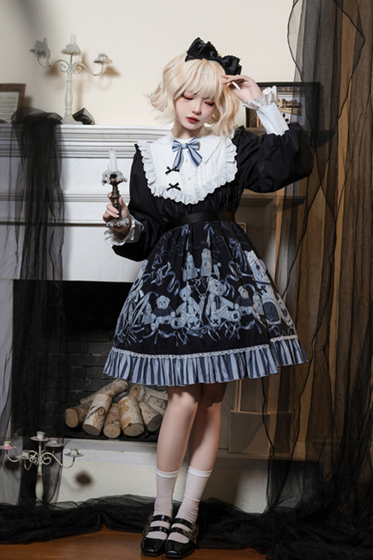 Gothic Lolita Dress with Bandage, Bear Print, Ruffles and Bowknot Lace