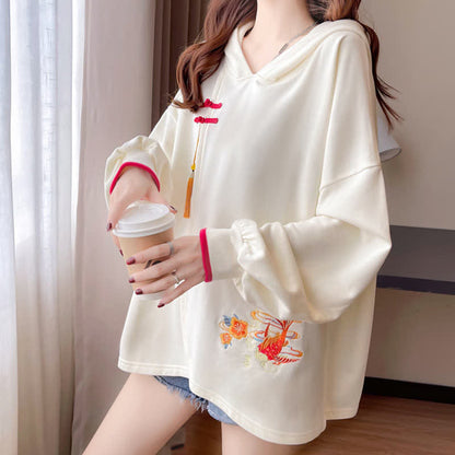 Floral Carp Embroidery Buckle Tassel Loose Hoodie