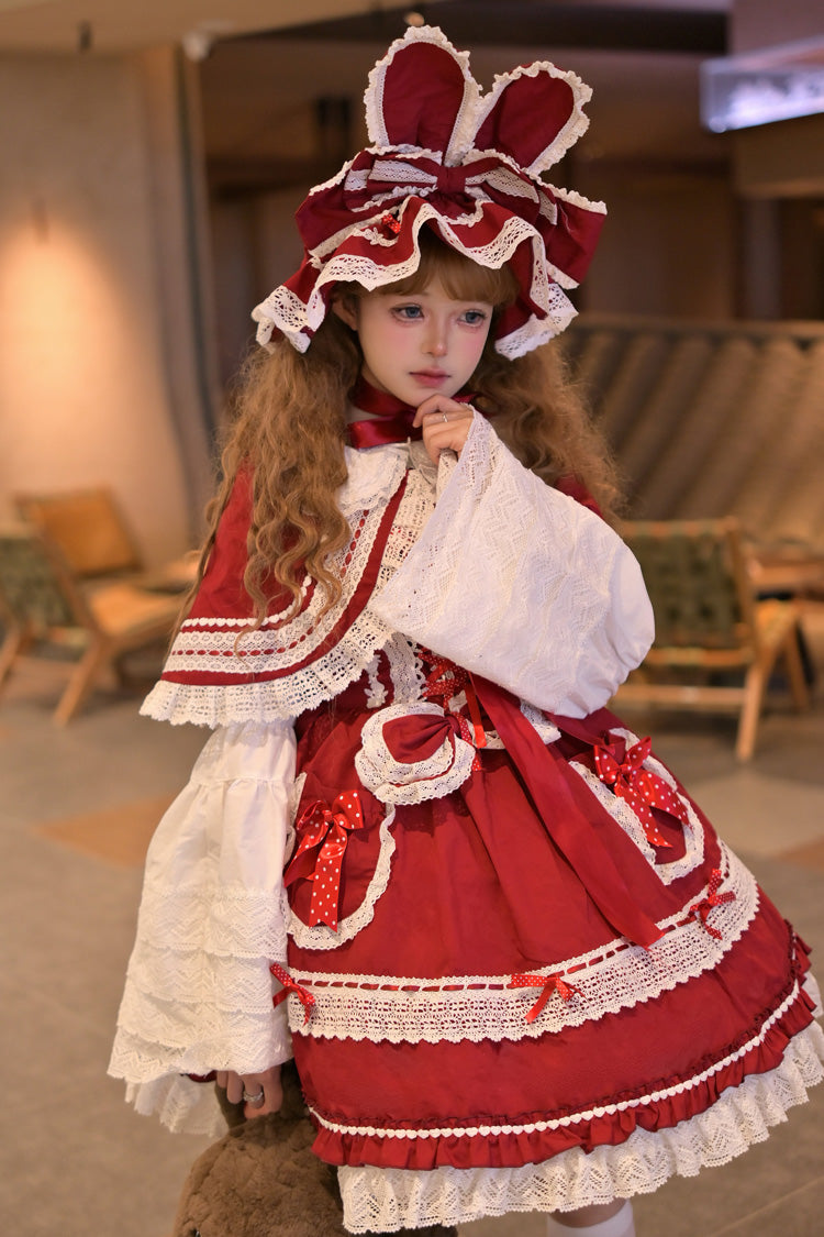Red [Bobo Bunny Doll] Printed Ruffled Bow Lace-Up Sweet Lolita Jsk Dress 2 Colors