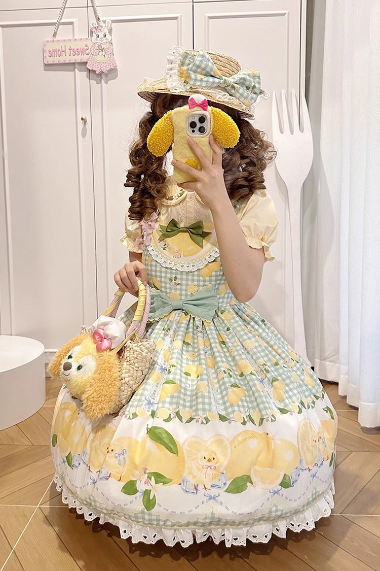 Verdant Printed Ruffle Bow Lace Sweet Jumper Dress - Lemon Chicken