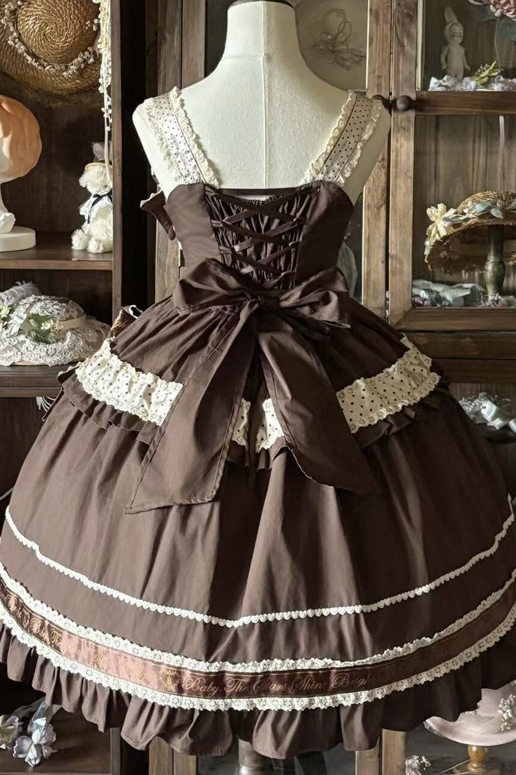 Dark Brown [Panda Gift] Square Collar Sleeveless Ruffled Bow Spliced Asymmetric Sweet Lolita Jsk Dress