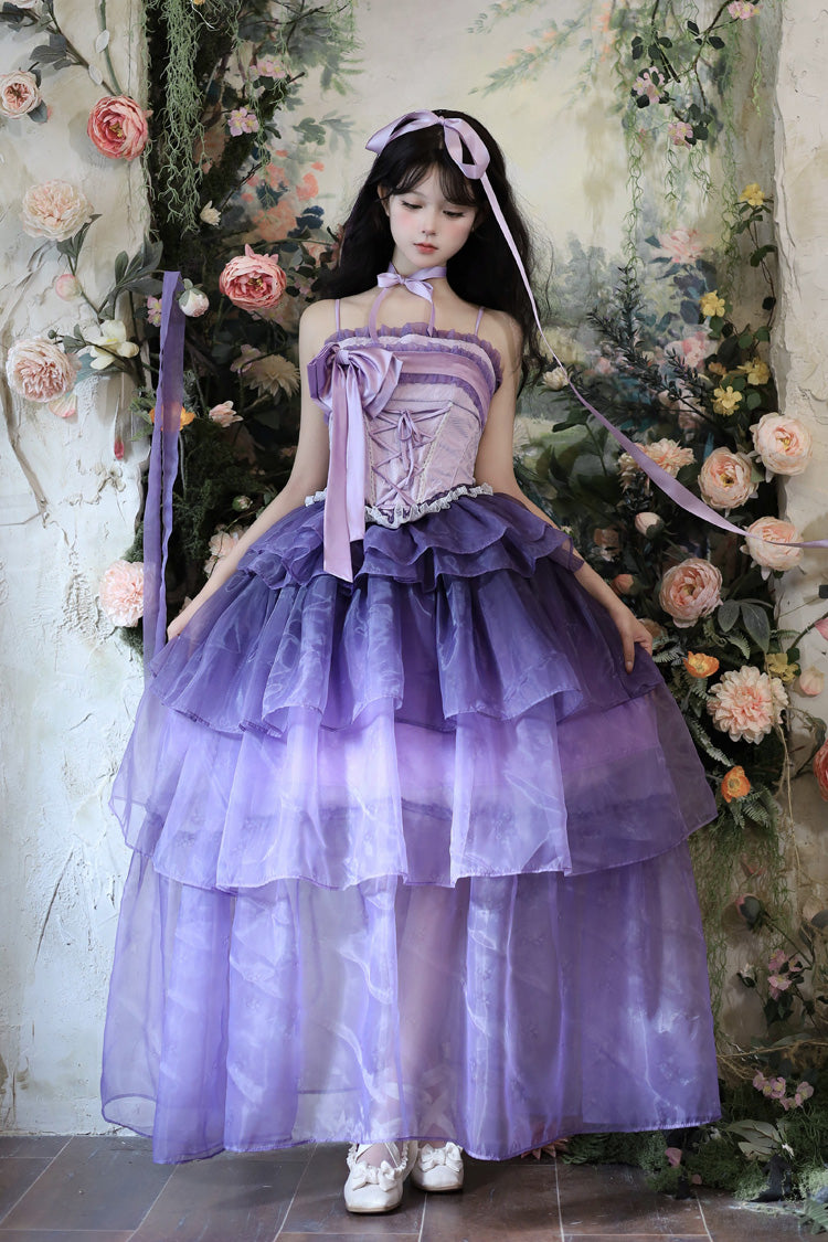 Sleeveless Triple-Layered Ruffled Bow Lace-Up Sweet Elegant Lolita Skirt Dress Set - Lily of the Valley in Falling Snow