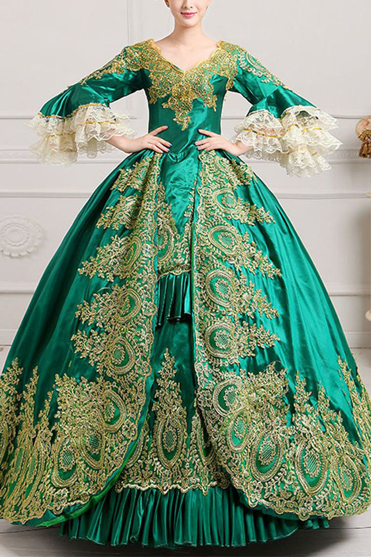 Layered Floral Embroidered Victorian Gown with Fluted Sleeves