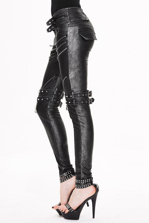 Hand-Burnished Leather-Look Punk Bootcut Trousers