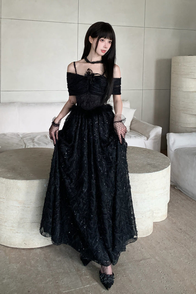 Off-Shoulder Jacquard Dress with Bow and Gothic Style