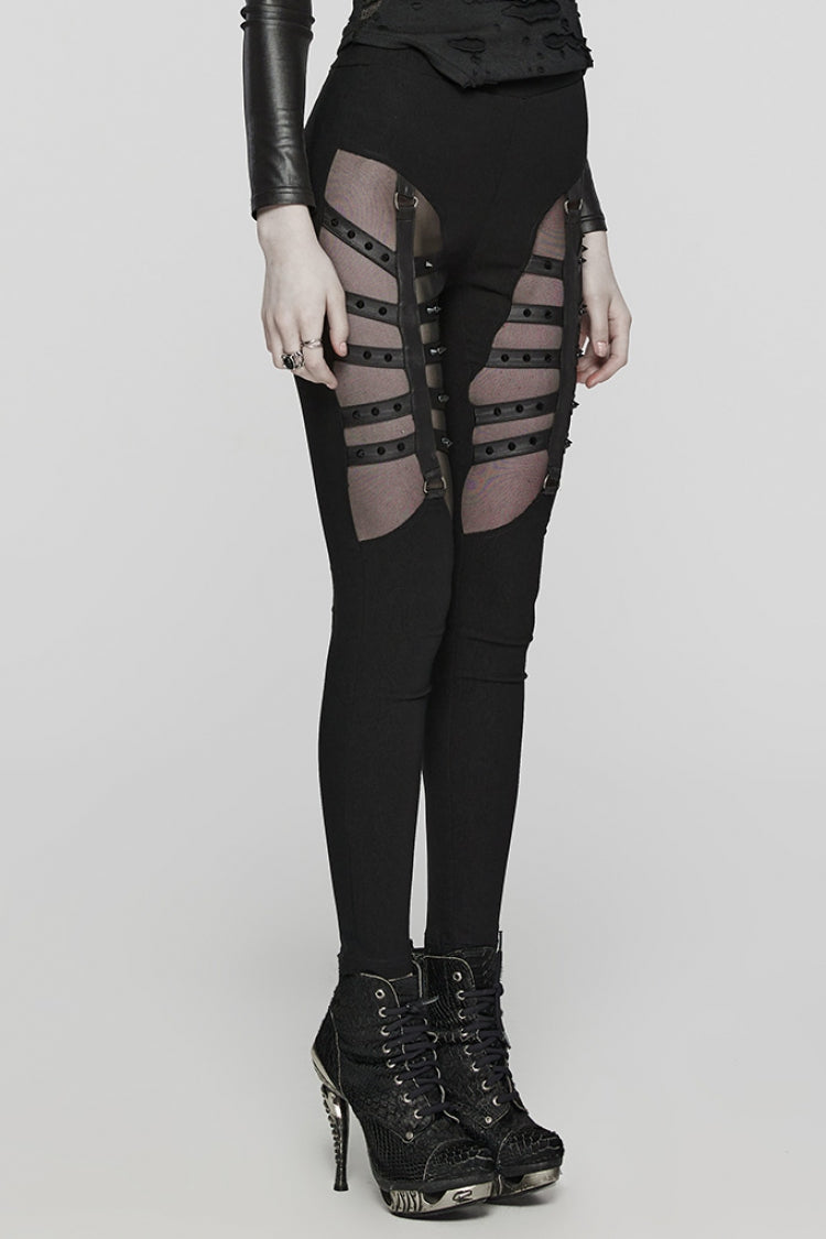Riveted Mesh Leggings with Lace-Up Detail & Metal Accents for Steampunk Style