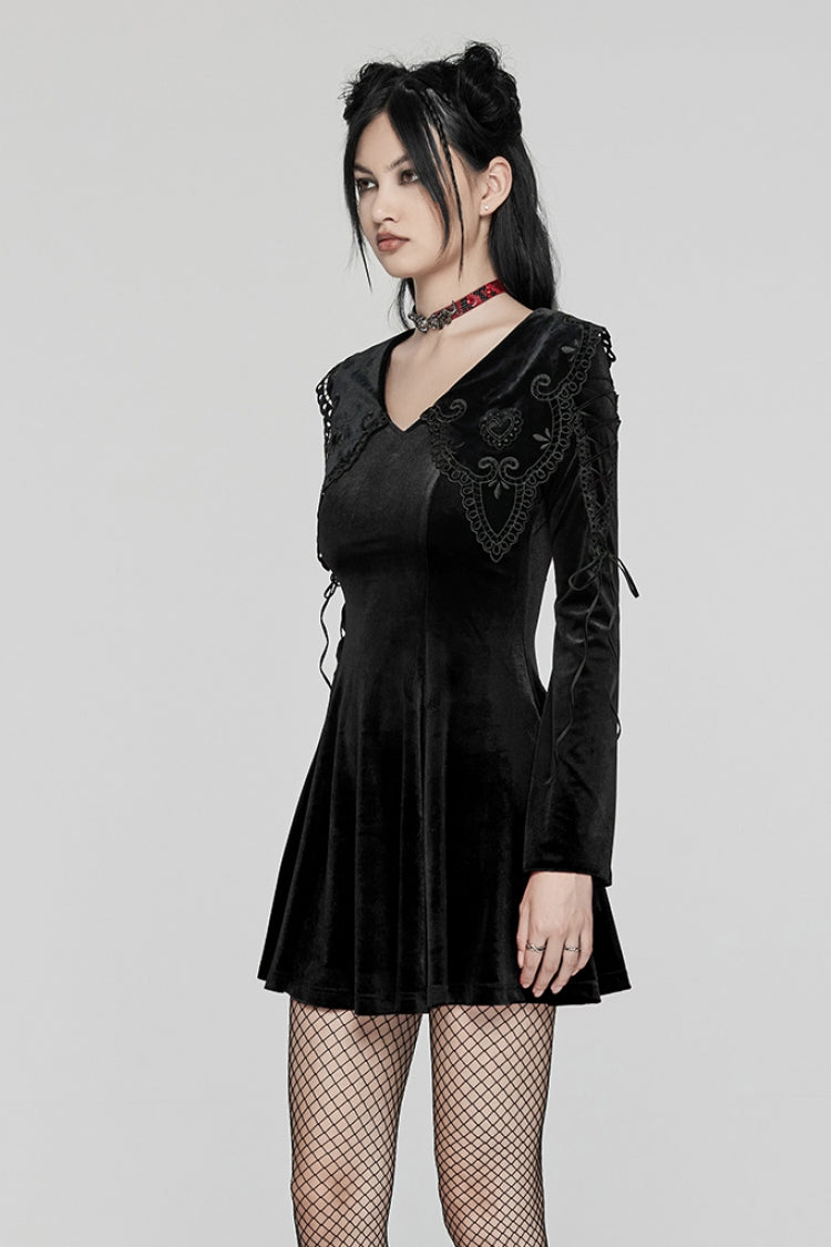 Ebony Doll Collar Long Sleeves Gradient Embroidered Gothic Prom Dress
