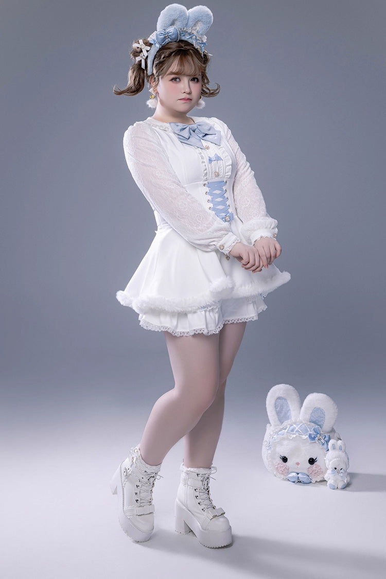 White Long Sleeve Ruffled Bow Lace-Up Jirai Kei Plush Set