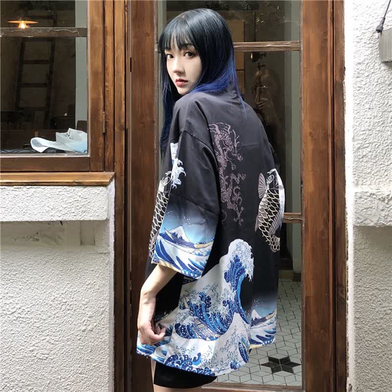 Vintage Wave Carp Print Casual Cardigan Kimono Outerwear