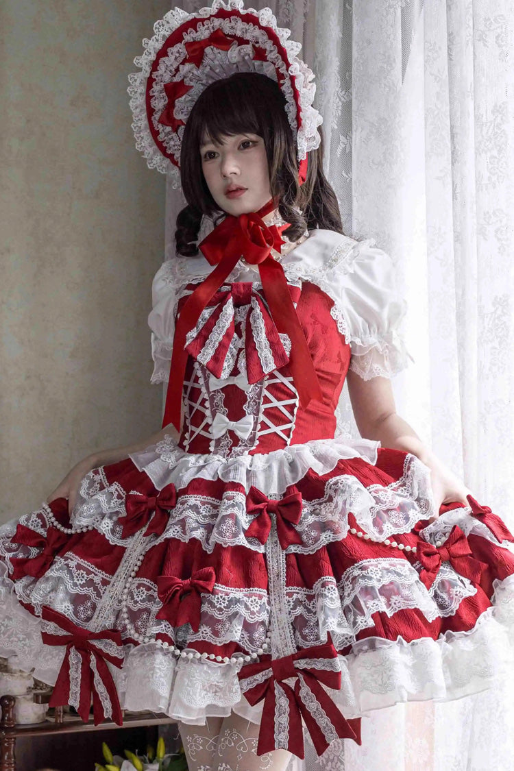 Small Cakes Sleeveless Multi-Layered Ruffled Bow Lace Sweet Lolita JSK Dress - Red