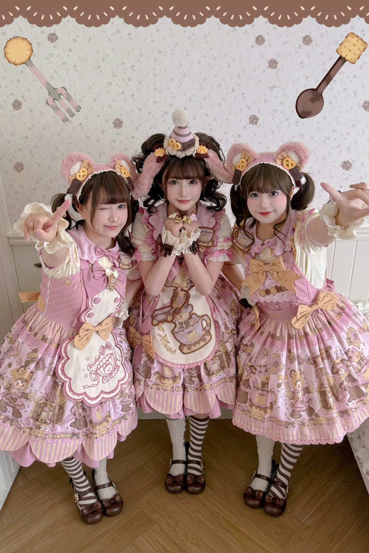 Teddy Bear Cookie Dessert Print Dress with Bow & Ruffles