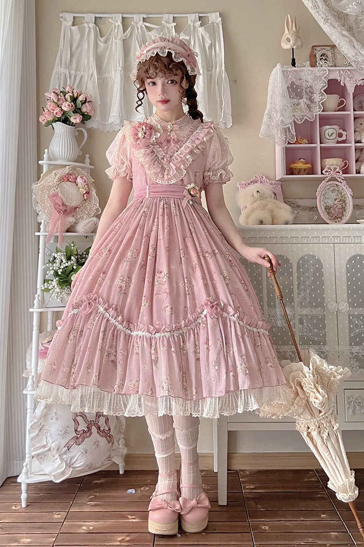 Daydream Rose Floral Jacquard Print Ruffle Embroidered Bow Sweet Lolita Dress in Three Shades