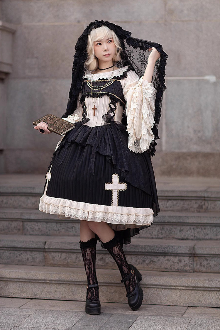 Black Gothic Lolita Dress with Cross Embroidery and Eternal Life Song Print