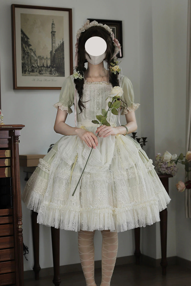 Vintage Ball Square Collar Lace Pearl Sweet Dress in Muscat Green