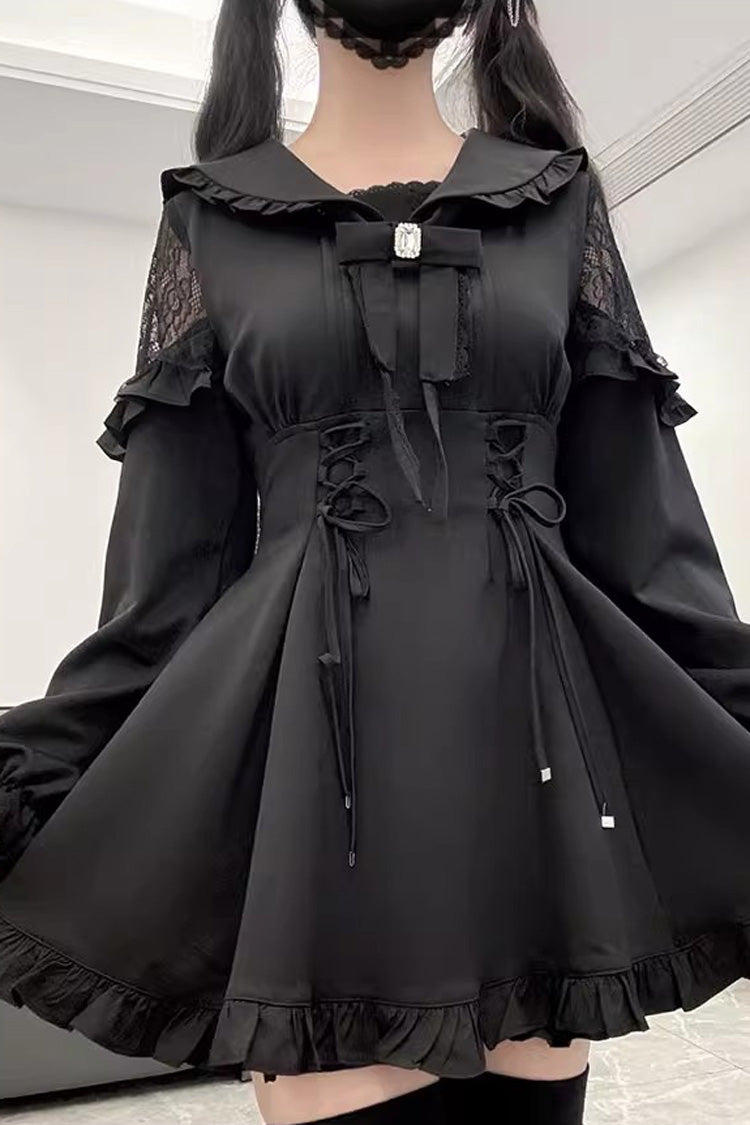 Noir Long Sleeve Ruffle Stitched Lace-Up Jirai Kei Set - Truffle Forest