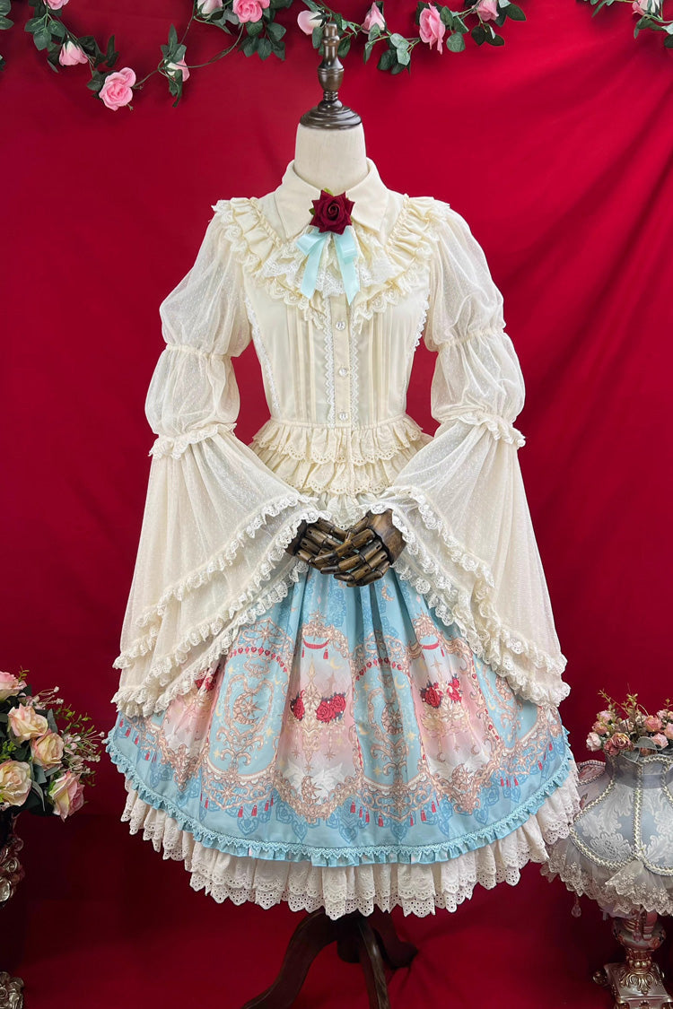 Blue Moonlit Garden Print Ruffle Lace Sweet Palace Lolita Skirt