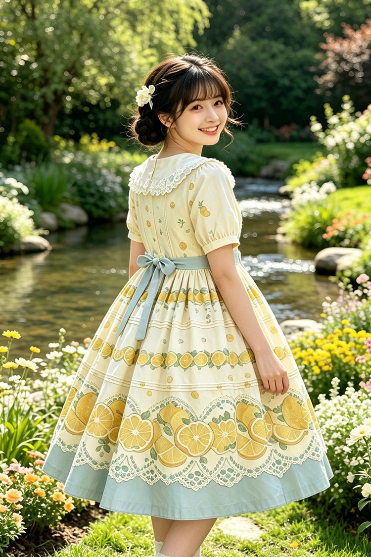 Yellow Doll Collar Short Sleeves Lemon Printed Plus Size Sweet Lolita Dress