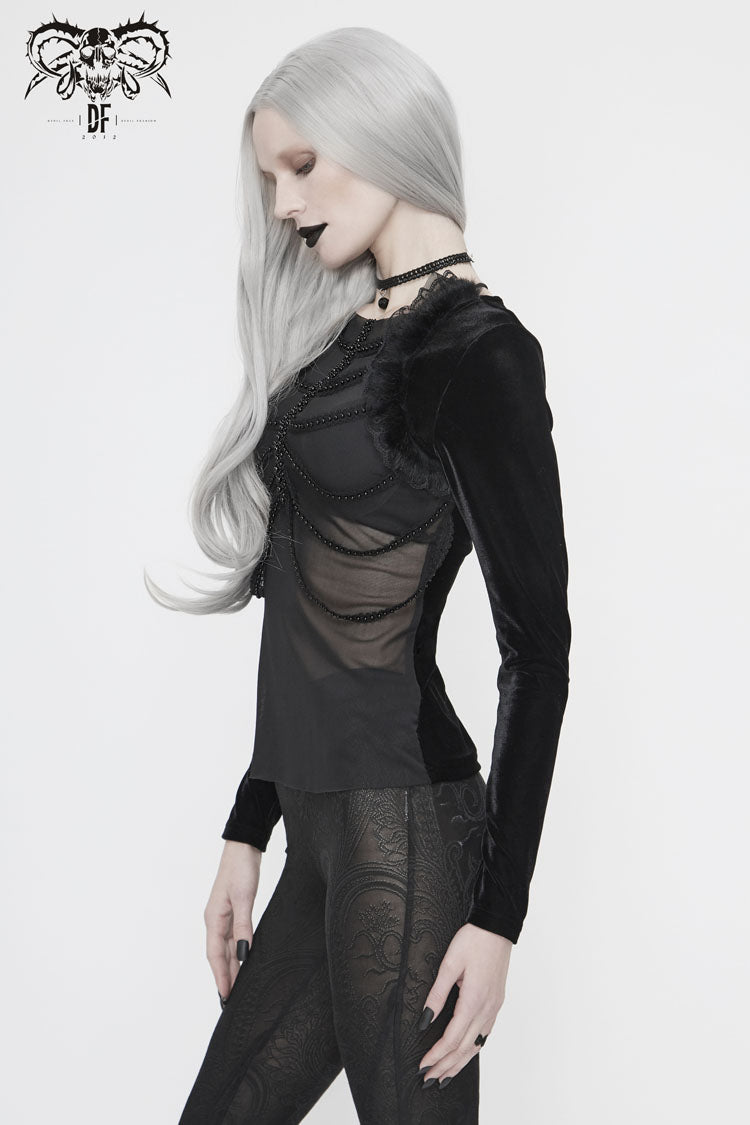 Women's Gothic T-Shirt in Black with Beaded Chain, Velvet Frill Shawl & Mesh